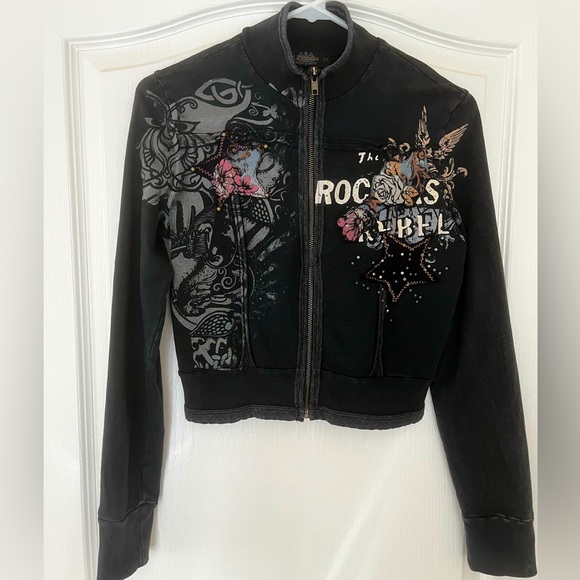 Libertalia Tops - 🛍️ Libertalia Black Motorcycle Biker “Rockers & Rebels” Zip Up Sweatshirt, Sz XS
